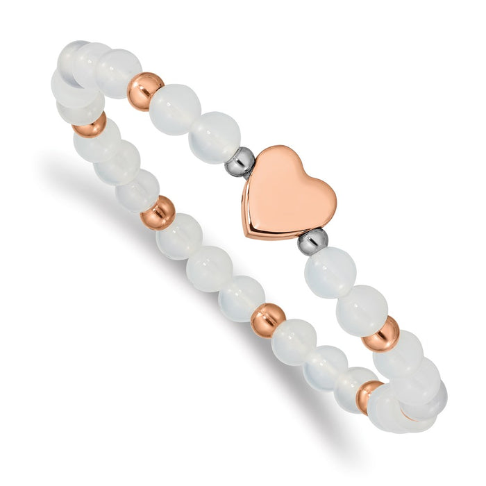 Chisel Brand Jewelry, Stainless Steel Rose IP-plated Heart White Agate Stretch Bracelet