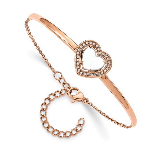 Chisel Brand Jewelry, Stainless Steel Polished Rose IP White Enamel CZ Heart with 2in ext. Bracelet