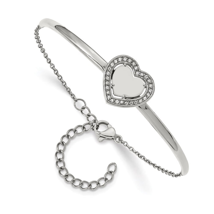 Chisel Brand Jewelry, Stainless Steel Polished with CZ Heart 6.5in with 2in ext. Bar Bracelet