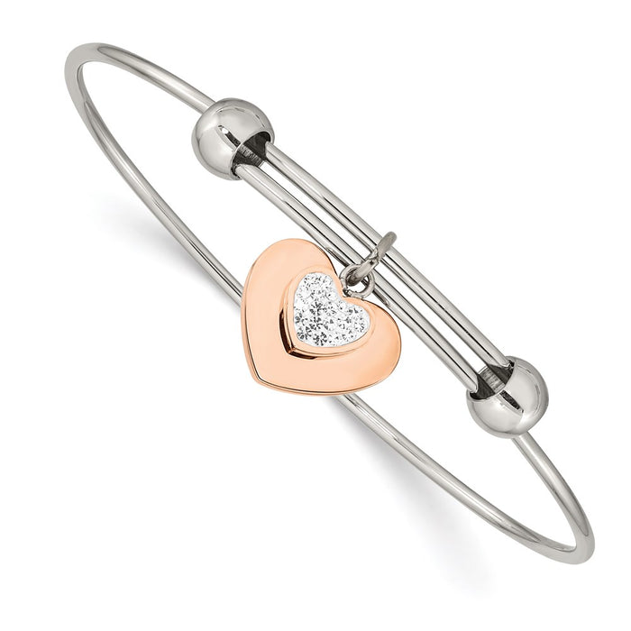 Chisel Brand Jewelry, Stainless Steel Polished Rose IP-plated with Preciosa Crystal Hearts Bangle