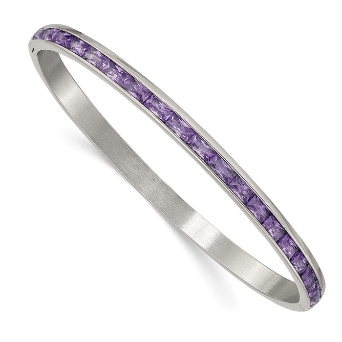 Chisel Brand Jewelry, Stainless Steel Polished with Purple CZ 5.00mm Hinged Bangle