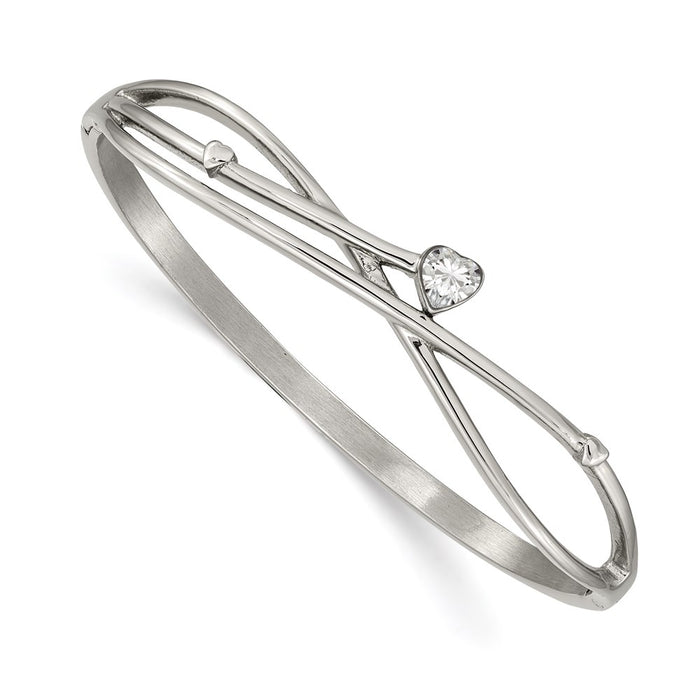 Chisel Brand Jewelry, Stainless Steel Polished Heart CZ Hinged Bangle