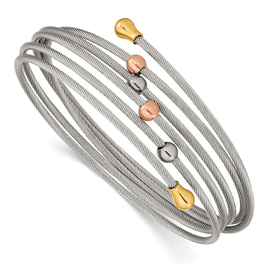 Chisel Brand Jewelry, Stainless Steel Polished Rose and Yellow IP-plated Flexible Coil Bangle