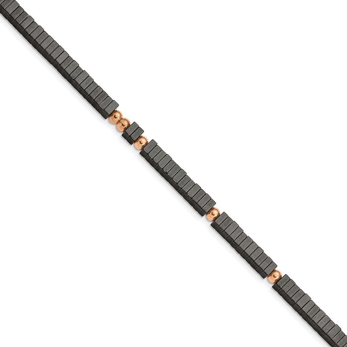 Chisel Brand Jewelry, Stainless Steel Polished Rose IP with Hematite 7in with 1.25in ext Bracelet