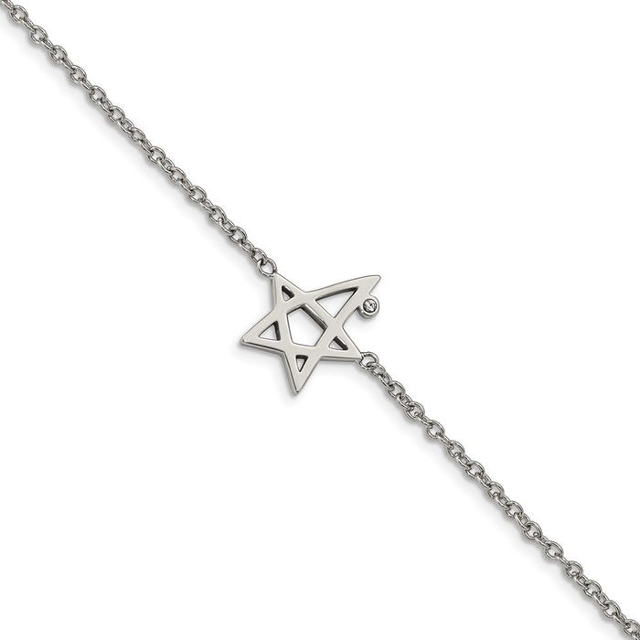 Chisel Brand Jewelry, Stainless Steel Polished w Swarovski Crystals 7.5in with 1in ext. Star Bracelet