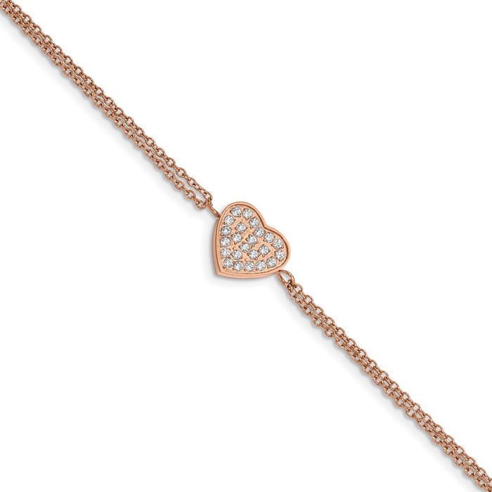 Chisel Brand Jewelry, Stainless Steel Polished Rose IP with CZ Heart 6.25in with 2in ext. Bracelet