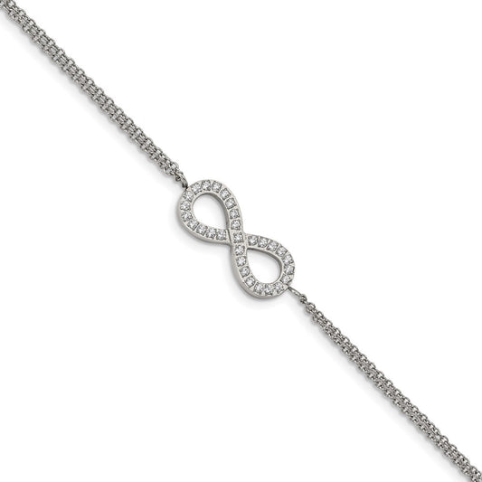 Chisel Brand Jewelry, Stainless Steel Polished with CZ Infinity Symbol 6.25in with 2in ext. Bracelet