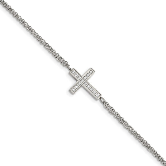 Chisel Brand Jewelry, Stainless Steel Polished with CZ Cross 6.25in with 2in ext. Bracelet