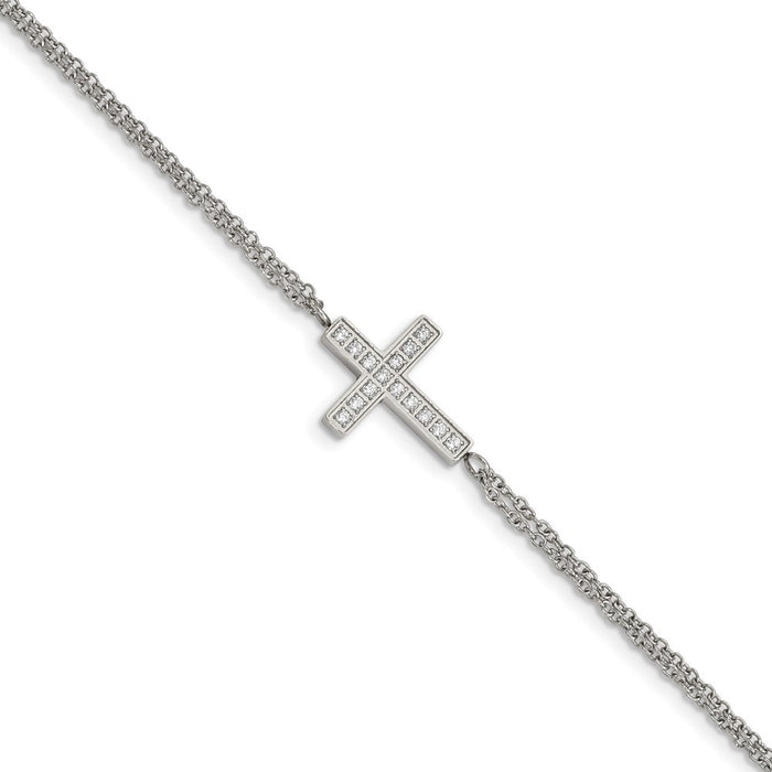 Chisel Brand Jewelry, Stainless Steel Polished with CZ Cross 6.25in with 2in ext. Bracelet