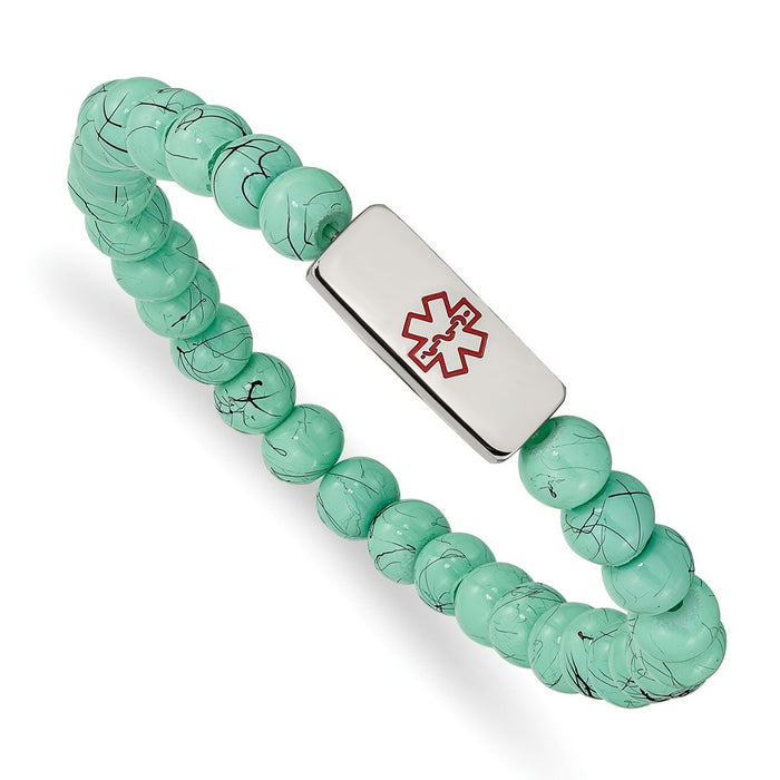 Chisel Brand Jewelry, Stainless Steel Polished Medical ID Turquoise Glass Stretch Bracelet
