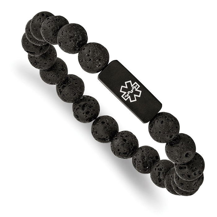 Chisel Brand Jewelry, Stainless Steel Brushed Black-plated Medical ID Lava Stone Stretch Bracelet