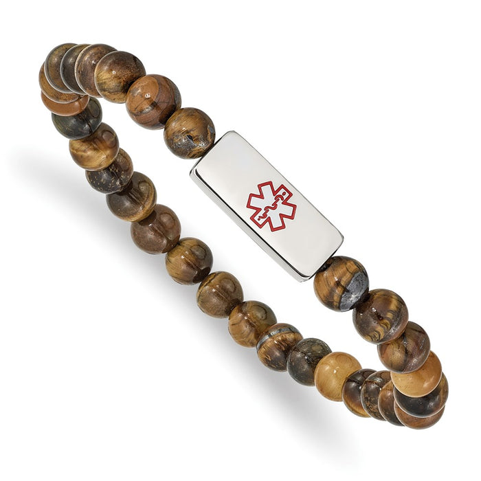 Chisel Brand Jewelry, Stainless Steel Polished Medical ID Tiger's Eye Bead Stretch Bracelet