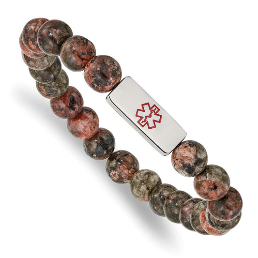 Chisel Brand Jewelry, Stainless Steel Polished Enamel Medical ID Poppy Jasper Stretch Bracelet