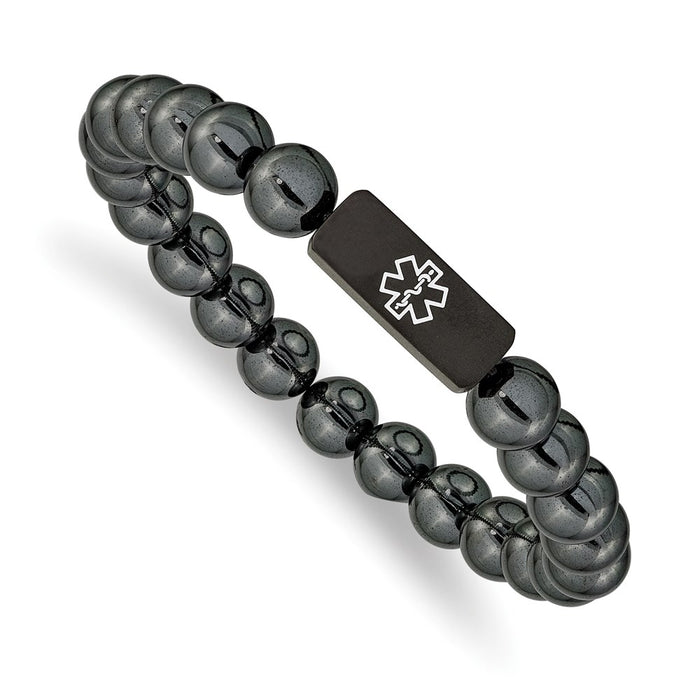 Chisel Brand Jewelry, Stainless Steel Brushed Black-plated Medical ID Hematite Bead Stretch Brace