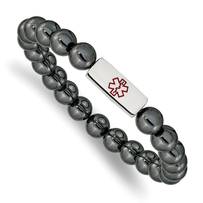 Chisel Brand Jewelry, Stainless Steel Polished Medical ID Plate Hematite Bead Stretch Bracelet
