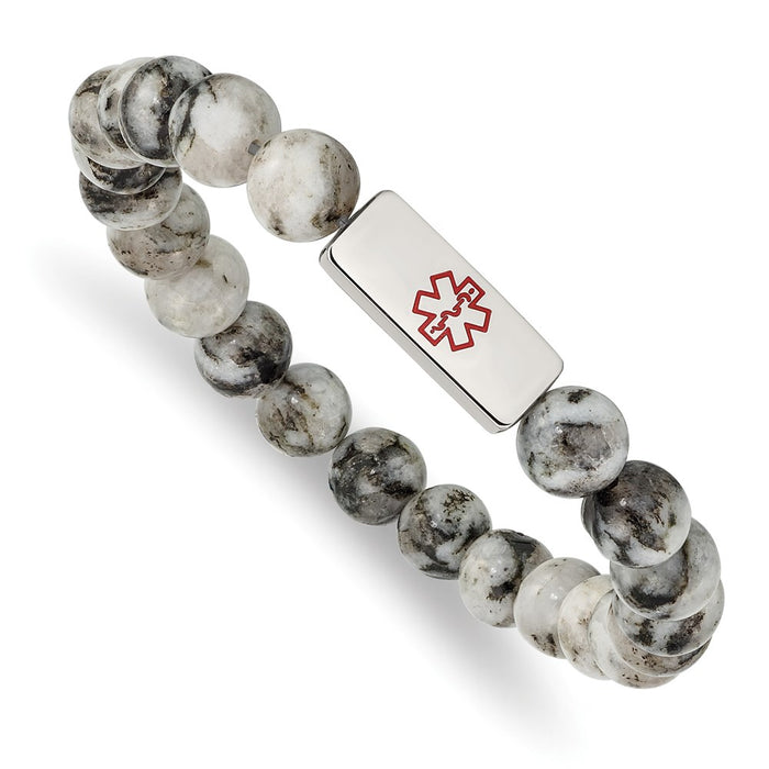 Chisel Brand Jewelry, Stainless Steel Polished Medical ID Lotus Jasper Bead Stretch Bracelet