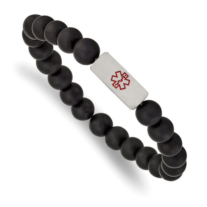 Chisel Brand Jewelry, Stainless Steel Brushed Medical ID Plate Black Agate Bead Stretch Bracelet
