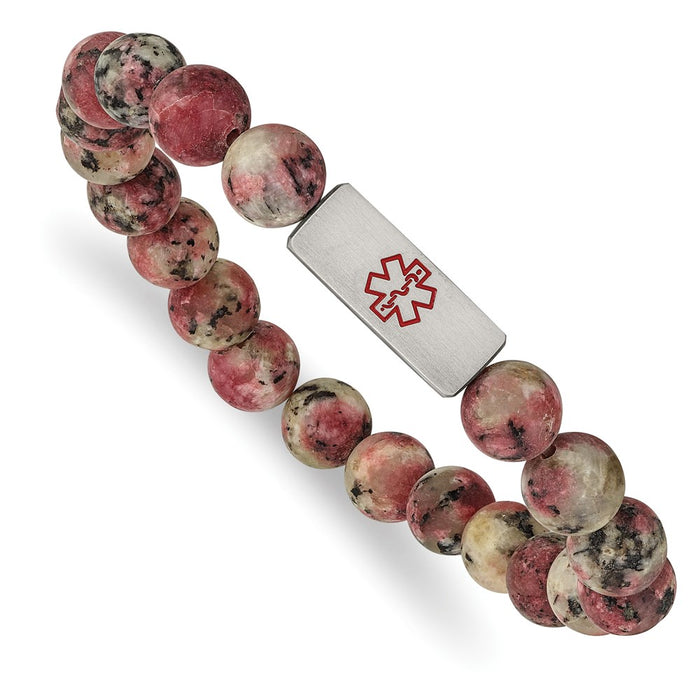 Chisel Brand Jewelry, Stainless Steel Brushed Medical ID Rhodochrosite Bead Stretch Bracelet