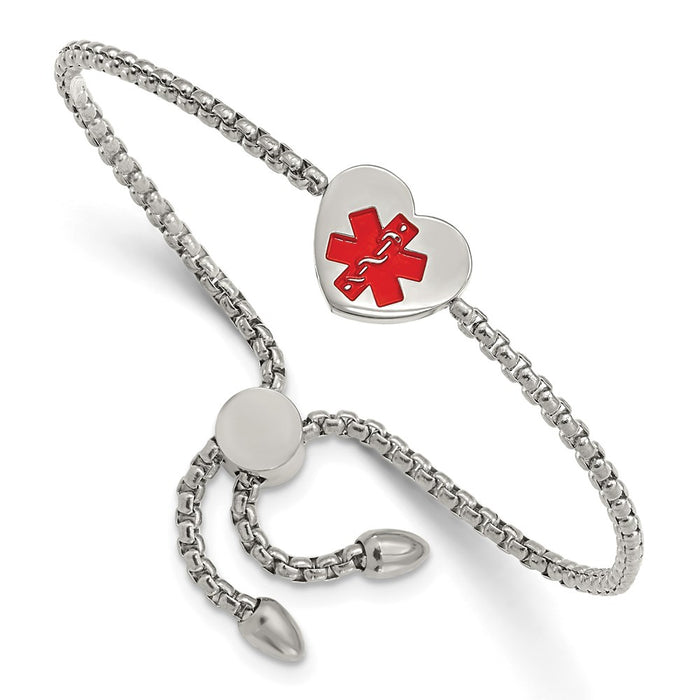 Chisel Brand Jewelry, Stainless Steel Polished Red Enamel Heart Medical ID Adjustable Bracelet