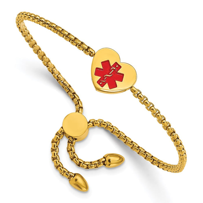 Chisel Brand Jewelry, Stainless Steel Polished Yellow IP/Red Enamel Heart Medical ID Adj. Bracele