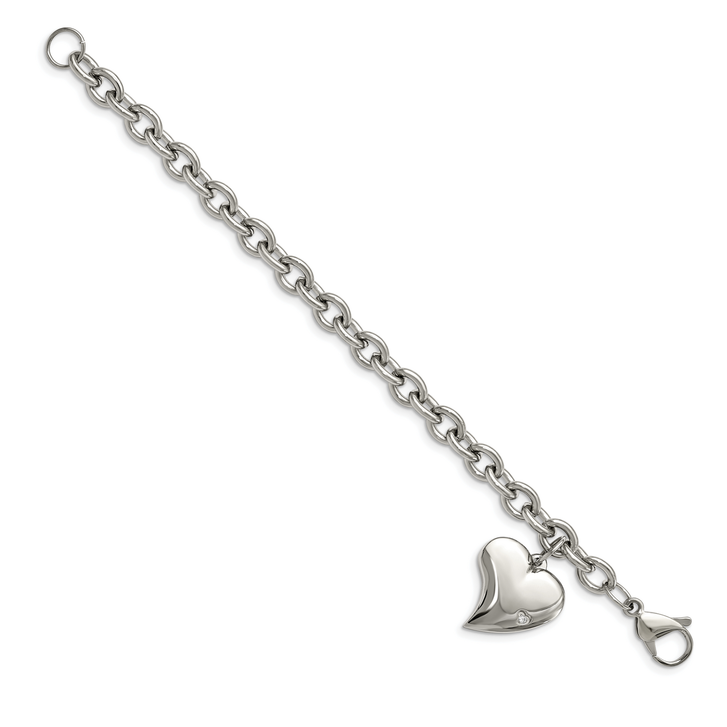 Chisel Brand Jewelry, Stainless Steel CZ Heart Charm Fancy 7.5in Bracelet