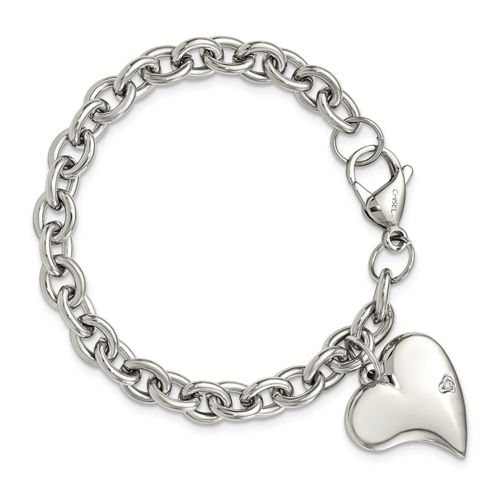 Chisel Brand Jewelry, Stainless Steel CZ Heart Charm Fancy 7.5in Bracelet