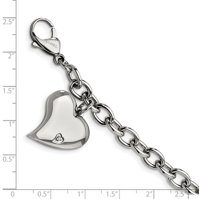 Chisel Brand Jewelry, Stainless Steel CZ Heart Charm Fancy 7.5in Bracelet