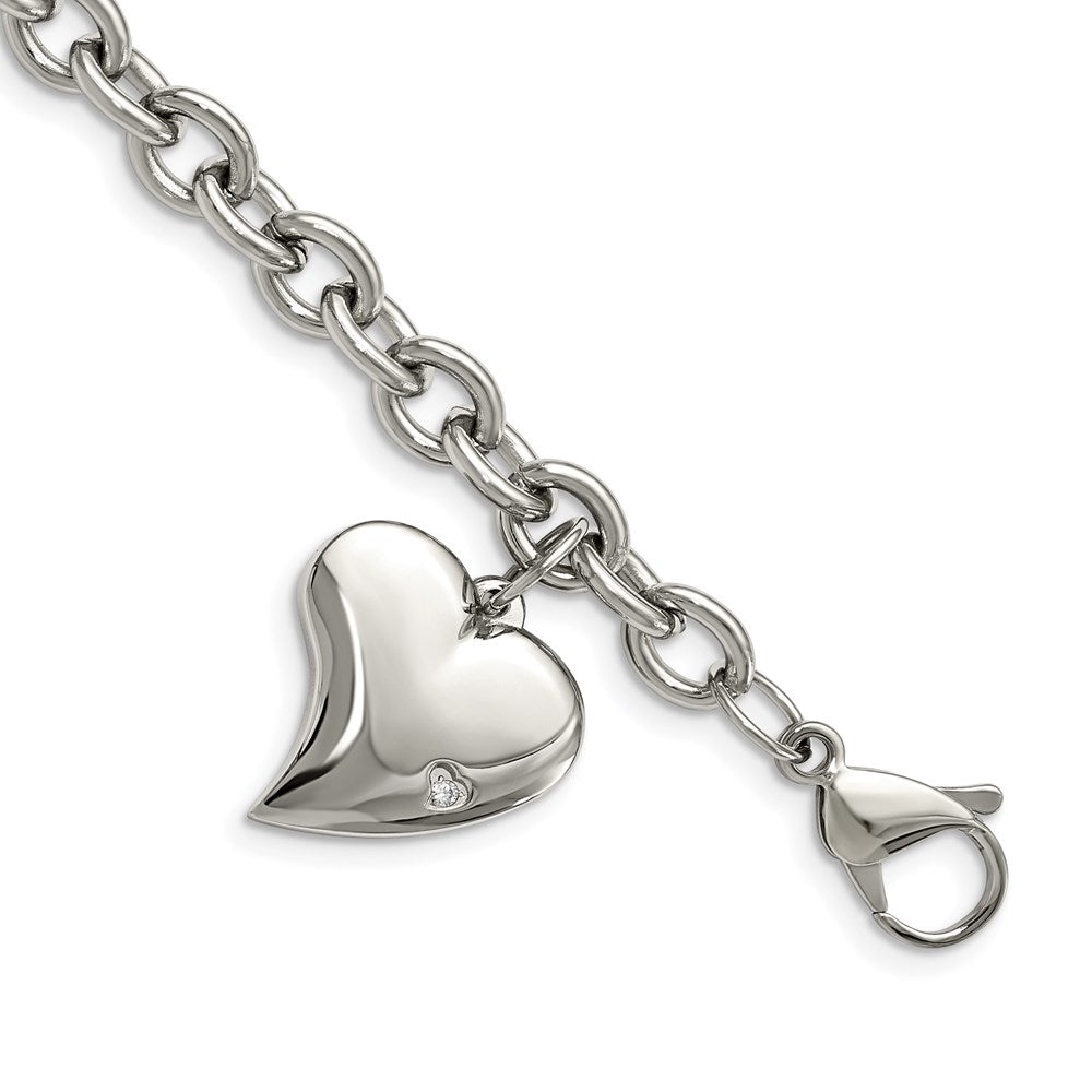 Chisel Brand Jewelry, Stainless Steel CZ Heart Charm Fancy 7.5in Bracelet