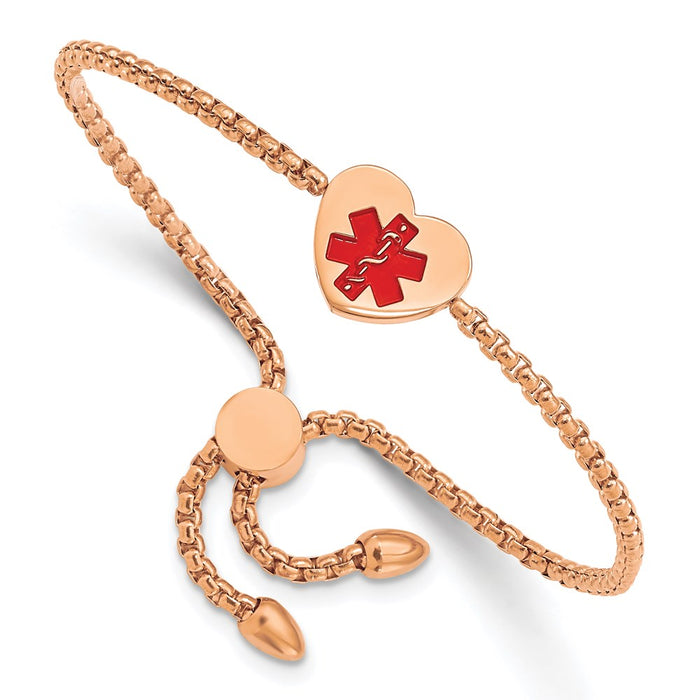 Chisel Brand Jewelry, Stainless Steel Polished Rose IP/Red Enamel Heart Medical ID Adj. Bracelet