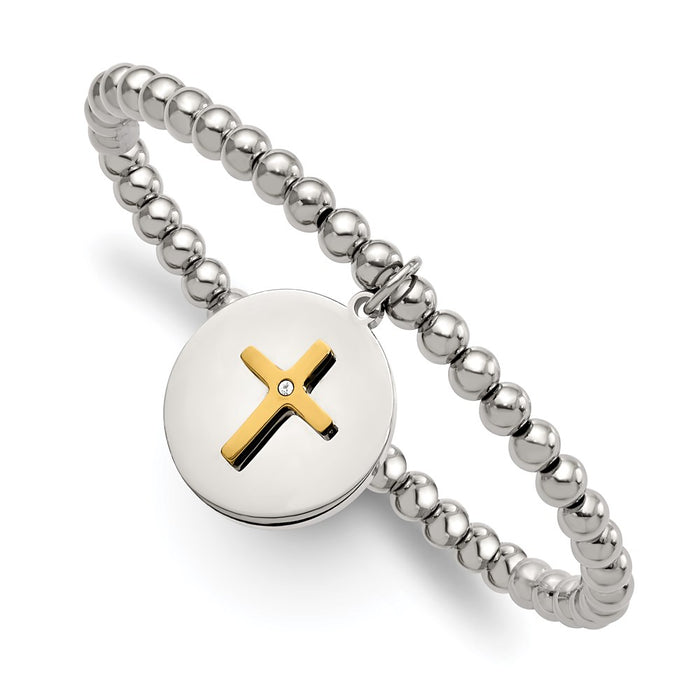 Chisel Brand Jewelry, Stainless Steel Polished Yellow IP Cross with Crystal FAITH Stretch Bracelet