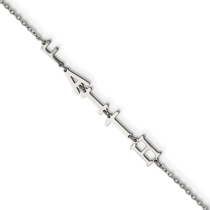 Chisel Brand Jewelry, Stainless Steel Polished FAITH with 1in ext 6.5in Bracelet