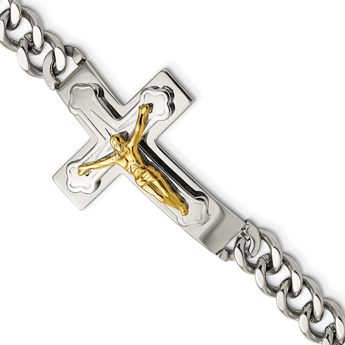 Chisel Brand Jewelry, Stainless Steel Polished Yellow IP-plated Crucifix 8in Men's Bracelet