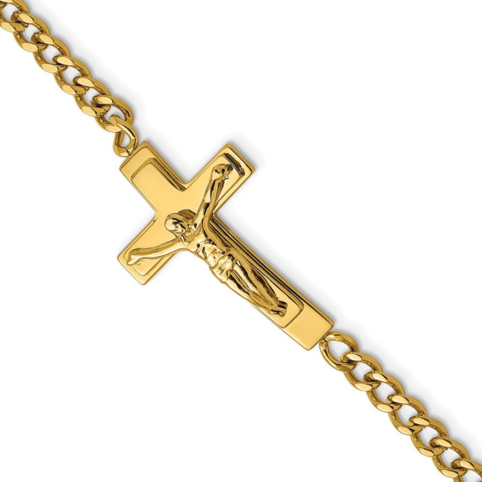 Chisel Brand Jewelry, Stainless Steel Polished Yellow IP-plated Crucifix 8in Men's Bracelet