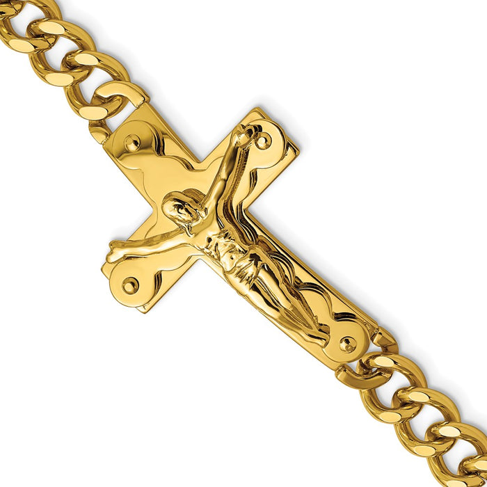 Chisel Brand Jewelry, Stainless Steel Polished Yellow IP-plated Crucifix 8.25in Men's Bracelet