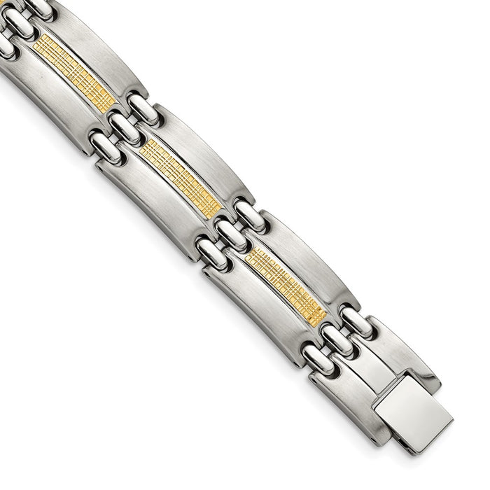 Chisel Brand Jewelry, Stainless Steel with 14k Accent Brushed and Polished 8.5in Link Bracelet