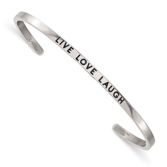 Chisel Brand Jewelry, Stainless Steel Polished Enamel/Crystal LIVE LOVE LAUGH 3mm Cuff Bangle
