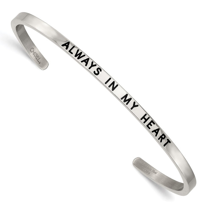 Chisel Brand Jewelry, Stainless Steel Polished Enamel/Crystal ALWAYS IN MY HEART 3mm Bangle