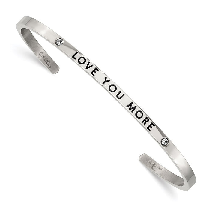 Chisel Brand Jewelry, Stainless Steel Polished Enamel/Crystal LOVE YOU MORE 3mm Cuff Bangle