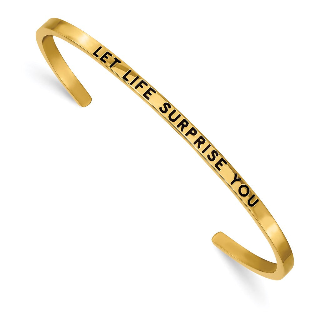Chisel Brand Jewelry, Stainless Steel Polished Yellow IP with Enamel/Crystal LET LIFE… Cuff Bangle
