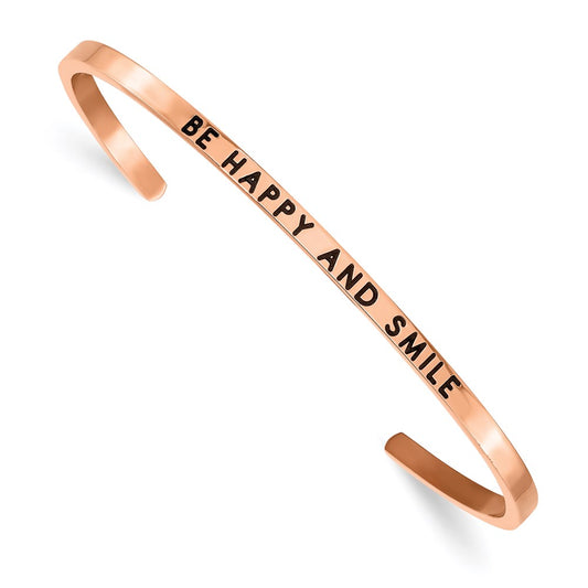 Chisel Brand Jewelry, Stainless Steel Polished Rose IP Enamel/Crystal BE HAPPY 3mm Cuff Bangle