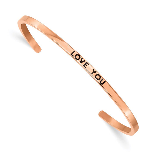 Chisel Brand Jewelry, Stainless Steel Polished Rose IP Enamel/Crystal LOVE YOU 3mm Cuff Bangle