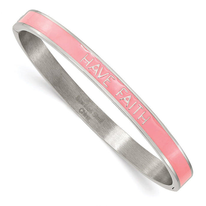 Chisel Brand Jewelry, Stainless Steel Polished Pink Enamel HAVE FAITH 6mm Hinged Bangle
