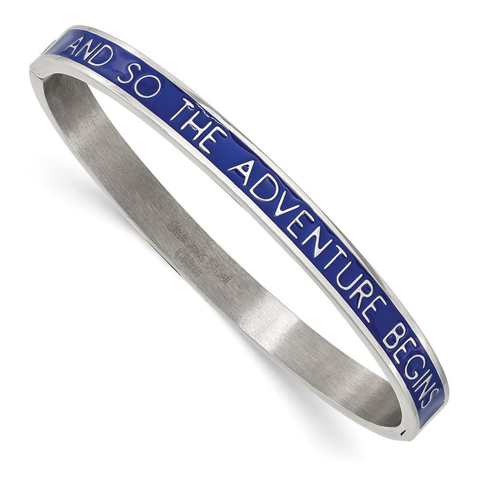 Chisel Brand Jewelry, Stainless Steel Polished Blue Enamel ADVENTURE BEGINS 6mm Bangle