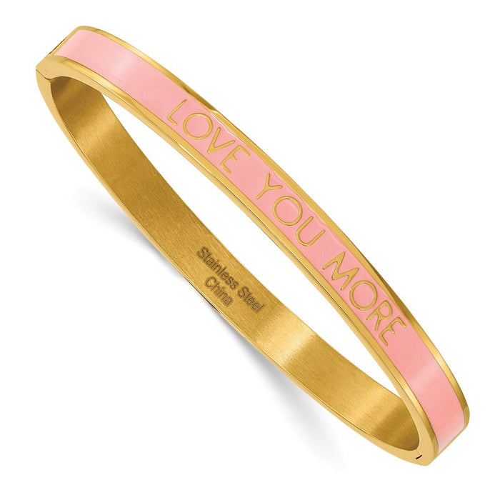 Chisel Brand Jewelry, Stainless Steel Polished Yellow IP Pink Enamel LOVE YOU MORE 6mm Bangle