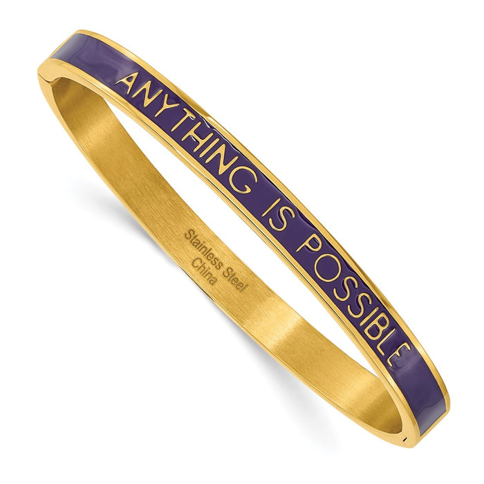 Chisel Brand Jewelry, Stainless Steel Polished Yellow IP Purple Enamel ANYTHING IS POSSIBLE Bangl