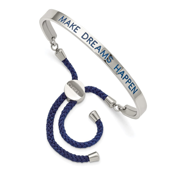 Chisel Brand Jewelry, Stainless Steel Polished Blue Enamel & Nylon DREAMS HAPPEN Adj Bangle