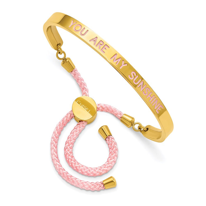 Chisel Brand Jewelry, Stainless Steel Polished Yellow IP Pink Enamel/Nylon SUNSHINE Adj Bangle
