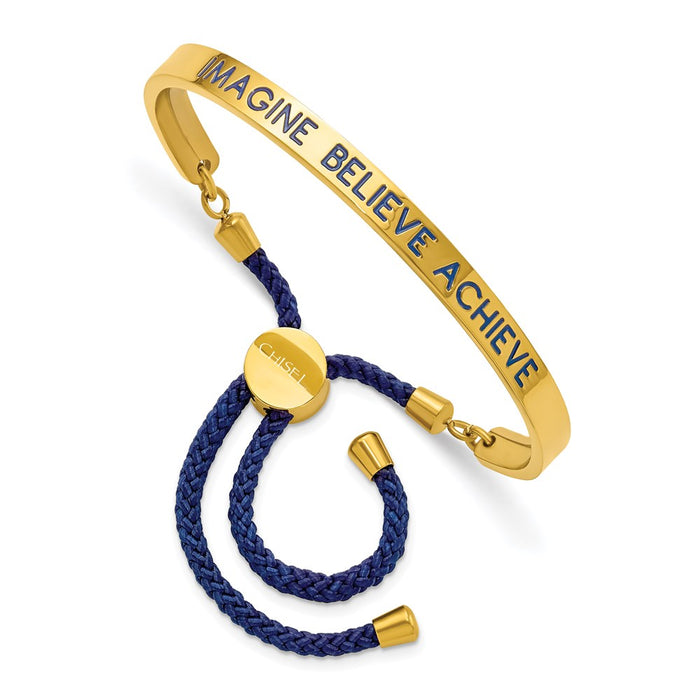 Chisel Brand Jewelry, Stainless Steel Polished Yellow IP Blue Enamel & Nylon IMAGINE Adj Bangle