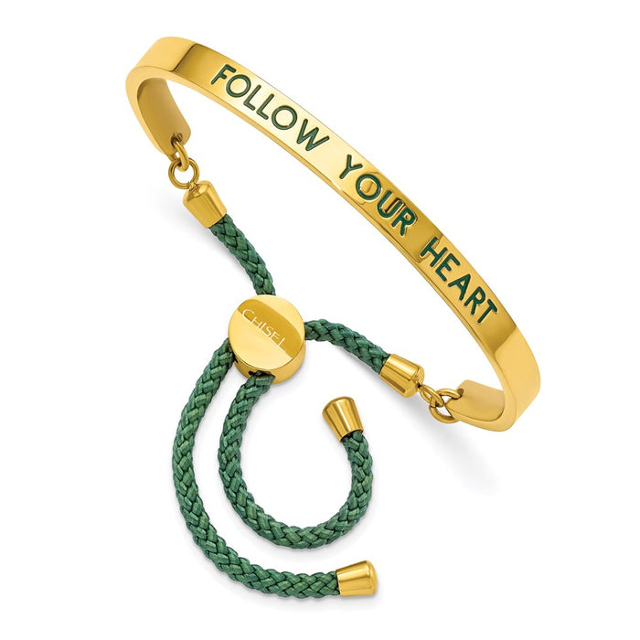 Chisel Brand Jewelry, Stainless Steel Polished Yellow IP Green Enamel/Nylon FOLLOW Adj Bangle
