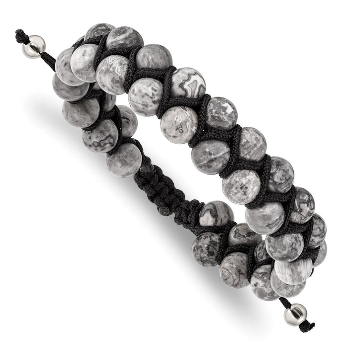 Chisel Brand Jewelry, Black Macrame with Grey Map Stone Beads Adjustable Bracelet